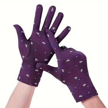 Imagem de Luvas térmicas femininas de inverno, luvas elegantes com estampa de laço com pulso elástico, design de dedo dividido para esqui, snowboard, atividades e clima frio, roxo