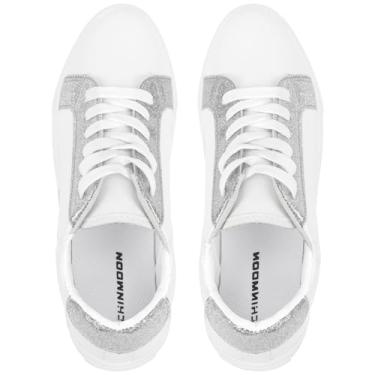 Imagem de CHIN·MOON Tênis feminino fashion branco couro sintético casual cano baixo cadarço tênis tênis, Branco, prata, 36