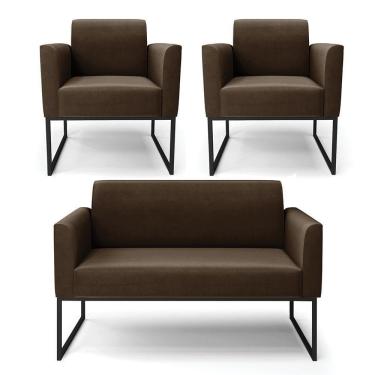 Imagem de Sofá Namoradeira Com 2 Poltronas Base Industrial Preto Marisa Suede Marrom