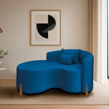 Imagem de Divã Recamier Curvo Sala De Estar Recepção Inglaterra 150cm Pés Madeira Lado Esquerdo Linho Cor Azul Royal