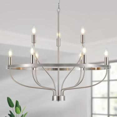 Imagem de Widluth Lustre de níquel escovado de 9 luzes, candelabros de vela modernos para sala de jantar 76.2 cm metal vintage fazenda lustre cromado luminária para ilha de cozinha, quarto, hall de entrada