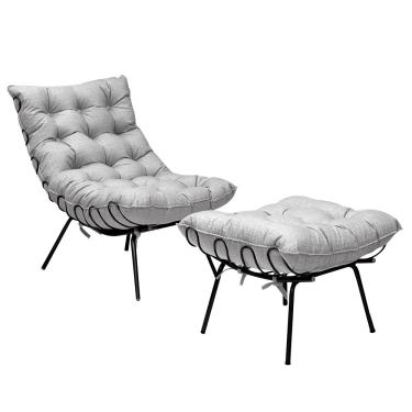 Imagem de Conjunto Decorativo Poltrona e Puff Abel Base de Ferro Preto Linho Cinza  - Gran Belo