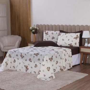 Imagem de Jogo De Lençol Beatriz Solteiro 3 Peças Percal 180 Fios 100% Algodão Ponto Palito - Marrom Borboleta