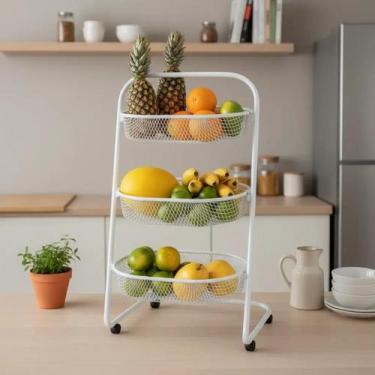 Imagem de Fruteira de Chão Multiuso em Aço com 3 Cestos e Rodízios Branco - META