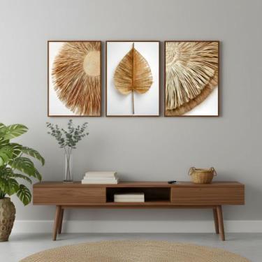 Imagem de Kit 3 Quadros Folhagem Palha Nude com Moldura Cor da Moldura:Preta - E