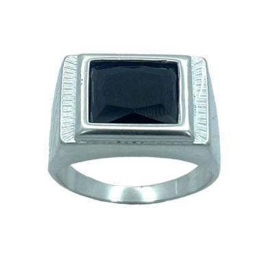 Imagem de Anel em Prata 925 Retangular com Zircônia Preta - Joia Exclusiva - Jus