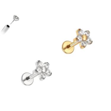 Imagem de Piercing Flor Com Zircônias Push Pin Aço Cirúrgico Ouro PVD Cor:Pratea