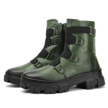 Imagem de Bota Coturno Militar Couro Feminino Tratorada  Ajuste Zíper Elásticos Cano Médio Salto Baixo Verde-Feminino