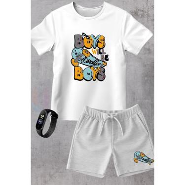 Imagem de Kit Conjunto Infantil Moletinho Camiseta e Short Moda Verão Skate Street Brooklyn com Relógio-Unissex