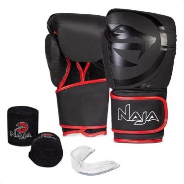 Imagem de Kit Luva Boxe Muay Thai Naja Bandagem e Protetor Bucal Black Line Tamanho:16 oz;Gênero:Unissex;Cor:-Unissex