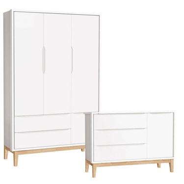 Imagem de Cômoda com Porta e Guarda Roupa Infantil 3 Portas New Classic Branco com Pés Madeira Natural – Reller