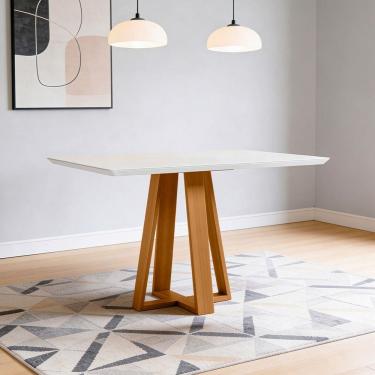 Imagem de Mesa de Jantar 4 Lugares Retangular 120cm Tampo MDF Com Vidro Elian N01 Ypê Off White -...