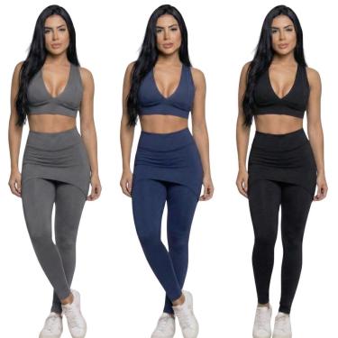 Imagem de KIT 3 Conjunto Top Bojo e Calça Saia Bella Fiore Tapa Bumbum Roupa Para Academia Fitnes...