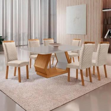 Imagem de Mesa de Jantar Alvorada 180cm Tampo MDF Vidro Canto Copo com 6 Cadeira