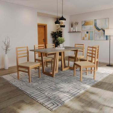Imagem de Conjunto Sala de Jantar Elisa em Madeira Maciça 6 Cadeiras Boucle Bege