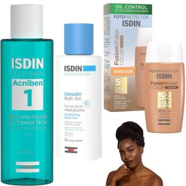 Imagem de Kit Isdin Protetor Solar Cor Escura Gel Banho Sabonete Rosto Antioleos