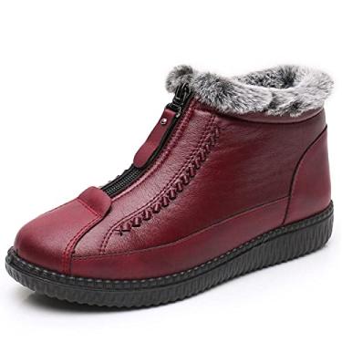 Imagem de Sapatos de inverno femininos de veludo de couro macio retrô, sapatos de inverno feminino de pelúcia grossa à prova d'água com zíper (Red,4.5)