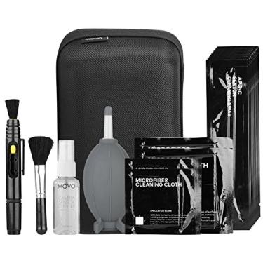 Imagem de Kit de limpeza de câmera DSLR Movo Deluxe Essentials com 10 cotonetes de limpeza APS-C, fluido de limpeza de sensor, soprador de ar de foguete, caneta de lente, escova macia, 2x panos de microfibra pequenos e 2x grandes e estojo de transporte