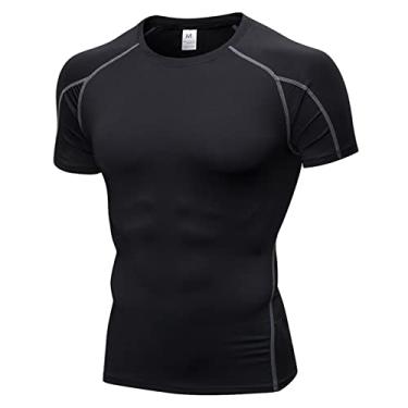 Imagem de Camisetas masculinas de treino ajuste seco absorção de umidade manga curta gola redonda camisetas de compressão respirável, Linha cinza preta, Medium