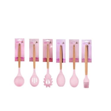 Imagem de Kit Utensílios De Cozinha Colher Silicone Cabo Bambu Madeira