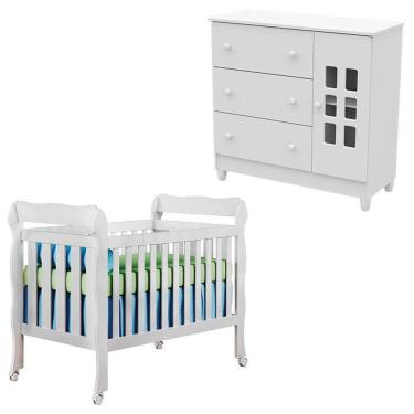 Imagem de Berço Lila e Cômoda Infantil Mariah Branco Brilho - Carolina
