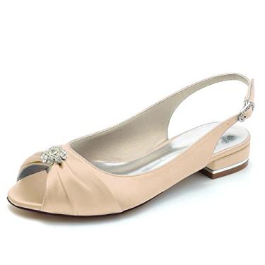 Imagem de Sapatos de casamento feminino para noiva sapatilhas sapatilhas de cetim fivela peep toe sapatos sociais com strass 36-43,Champagne,5 UK/38 EU
