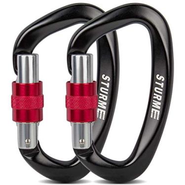 Imagem de Clipe de mosquetão para escalada com parafuso resistente da STURME Upgraded, 25 KN (5623lbs cada) Anel grande de alumínio D para acampamento, montanhismo, rede, equipamento externo e coleira de animal grande (preto), Preto