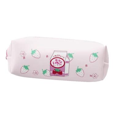 Imagem de Kawaii, estojo de lápis de morango, bonito anime, rosa, estética, japonês, desenho animado, frutas, artigos de papelaria, organizador de bolsa, material escolar portátil (suco de morango)