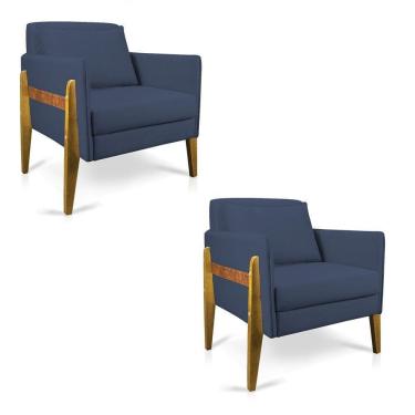 Imagem de Kit 02 Poltronas Lana Suede Base De Madeira Azul Marinho