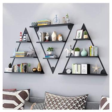 Imagem de KIZQYN Estante flutuante triangular de 3 camadas, rack de armazenamento de parede resistente de metal, prateleiras de exibição de sala de estar e quarto (ouro/preto) estante (cor: preto)