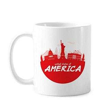 Imagem de Red Outline Landmark America USA Caneca Cerâmica Café Porcelana Copos de Mesa