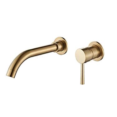 Imagem de Torneira de banheiro preto misturador pia torneira lavatório ouro quente água fria montagem na parede bico banho com alavanca alça, ouro escovado, 21 cm