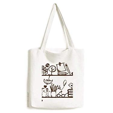 Imagem de Bolsa de lona com ilustração fofa para crianças, estante de livros, bolsa de compras, bolsa casual
