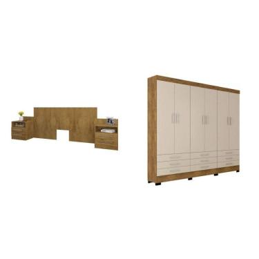 Imagem de Conjunto Quarto Casal Cabeceira Extensível e Guarda Roupa 6 Portas 9 Gavetas Espresso Móveis Canelato Rústico/Marroml Brilho