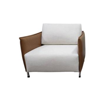 Imagem de Poltrona Marrone Base De Aço Carbono, Almofada Solta Couro Sintetico Caramelo E Linho Off-white