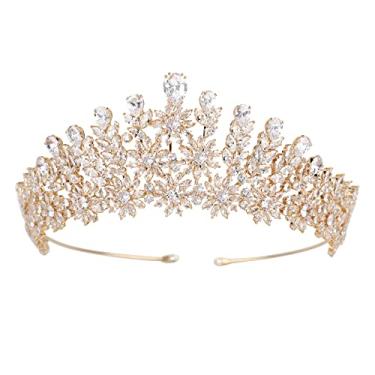 Imagem de QXMYOO Tiara de casamento de cristal de luxo para noiva CZ baile concurso de baile de quinze anos coroa princesa floral acessórios de cabelo ouro prata zircônia cúbica joias para noiva (ouro)