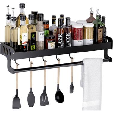 Imagem de Rack de cozinha sem furadeira Prateleira de cozinha com gancho Rack de temperos autoadesivo montado na parede com toalheiro Espaço preto alumínio para varanda de cozinha, preto, 60 cm