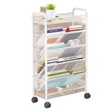 Imagem de Carrinho de estante móvel de 6 camadas, carrinho de estante rolante Organizador de papel de escritório Rack de exibição de canto de armazenamento de dupla face Rack de revistas para espaços estreito