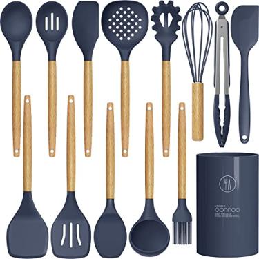 Imagem de Conjunto de utensílios de cozinha de silicone °C °C resistente ao calor para cozinhar, conjunto de espátulas de utensílios de cozinha com alças e suporte de madeira, aparelhos sem BPA para panelas