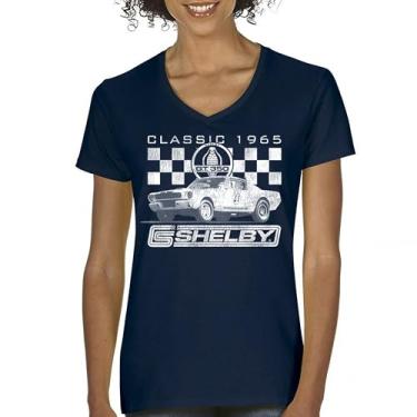 Imagem de Camiseta feminina clássica 1965 Shelby GT350 gola V American Retro Legend Mustang Cobra Muscle Car Racing Powered by Ford Tee, Azul marinho, GG