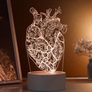 Imagem de Luminária led 3d, abajur de mesa, coração florido