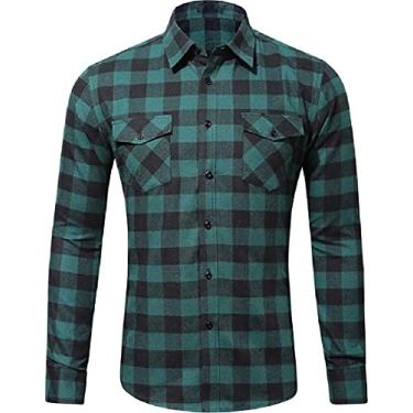 Imagem de Cromoncent Camisa masculina xadrez de flanela slim fit Buffalo xadrez manga longa camisa ocidental com 2 bolsos, Verde, XXG