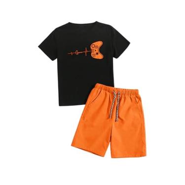 Imagem de SOLY HUX Conjunto de camiseta masculina de manga curta e short com cordão na cintura com 2 peças, Preto e laranja, 10 Anos