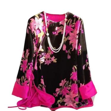 Imagem de Camisa feminina outono inverno lã flor lírio jacquard estilo chinês gola redonda botão único laço, Preto, PP