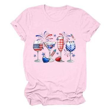 Imagem de Camiseta feminina de 4 de julho Vermelho-Branco-Azul Gola Redonda Manga Curta Roupas Dia Independente, rosa, G