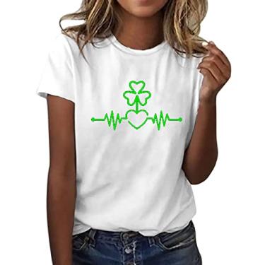 Imagem de Camisetas femininas do Dia de São Patrício Lucky Shamrock, túnica verde, moderno, casual, blusas de manga curta, Branco, G