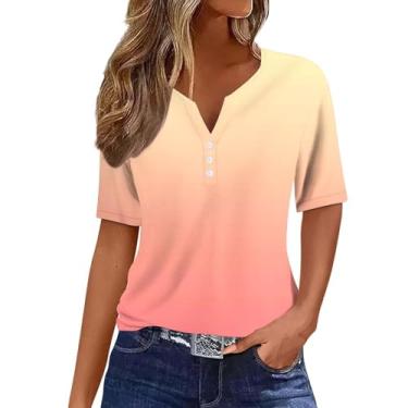 Imagem de Camiseta feminina gradiente moderna blusa manga curta Henley túnica caimento solto casual roupas de verão para sair, Amarelo, G