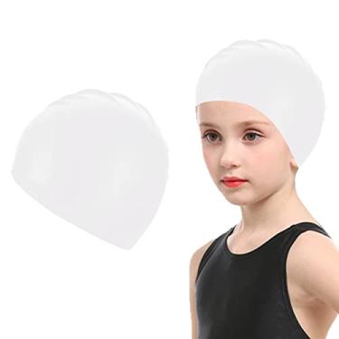 Imagem de Doovid Toucas de natação infantis à prova d'água para meninos e meninas de 3 a 8 anos, touca de banho de silicone de cabelo longo e curto, C Branco, tamanho �nico