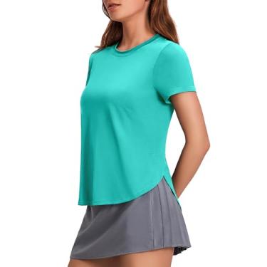 Imagem de PINSPARK Blusas de treino femininas FPS 50+ camisetas de ioga de manga curta atléticas com fendas laterais, camiseta de corrida, academia, caimento solto, Turquesa, XXG