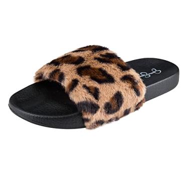 Imagem de Jessica Simpson Chinelo feminino de pelúcia com faixa única, leopardo, GG